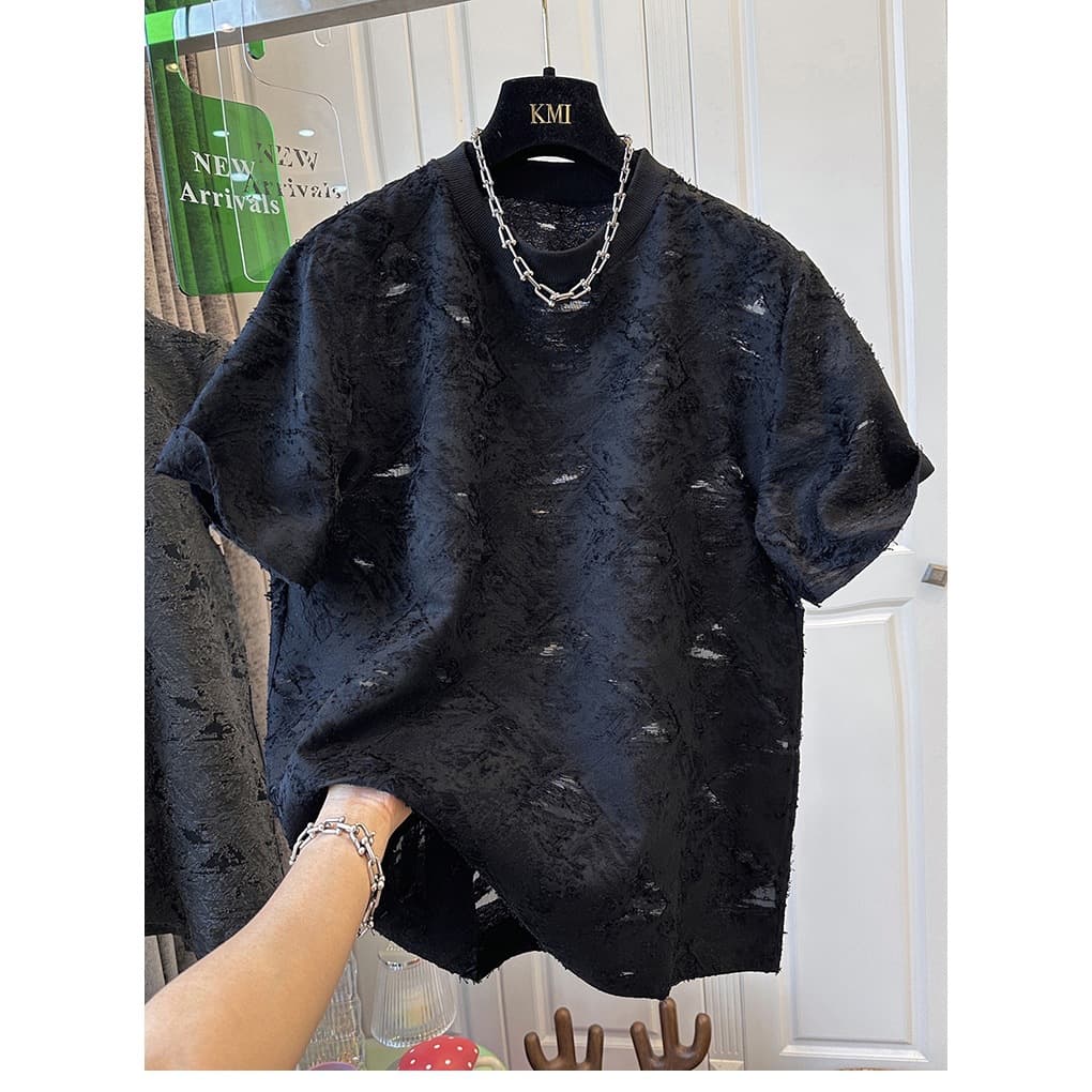 [Fat Girl] Summer High-End Black Cut Out Hole Short-Sleeved T-Shirt for Women, Chic and Loose Elegant Top