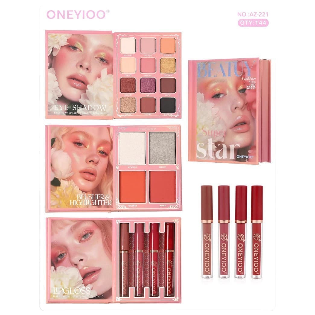 New Cross-Border Foreign Trade Small Book Makeup Palette, European and American Lip Gloss, Book with Three Pages, Eyeshadow Sample, Pearlescent Blush, Highlighter, Lipstick