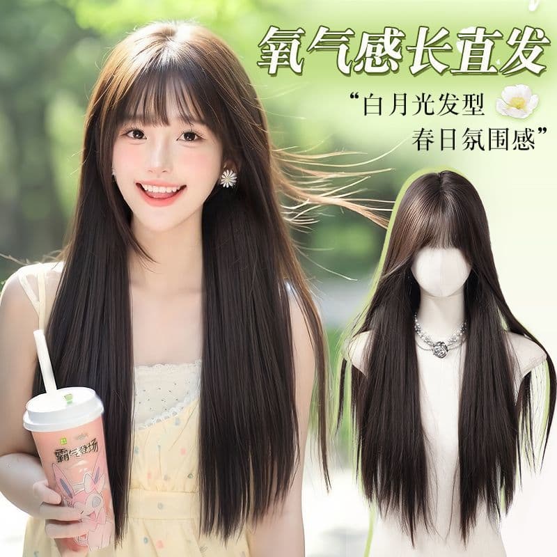 Long Straight Wig with Bangs, Black Natural Look, Realistic Hair, Internet Celebrity Style, Versatile Full Wig