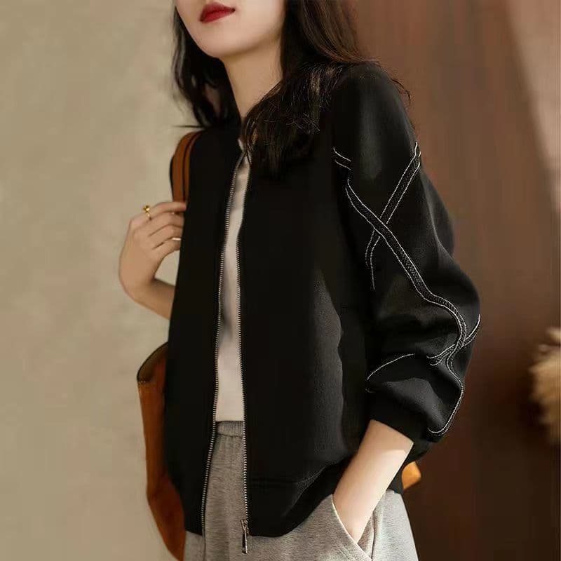 Hong Kong Style Baseball Jacket Black Coat Plus Size Slimming Women's Clothing 2026 Autumn New Cardigan Zip-Up Jacket