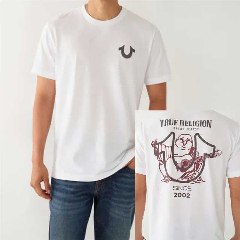 True Religion Men's Summer Round Neck Short Sleeve T-Shirt American Retro Print Trendy Casual Top Couple