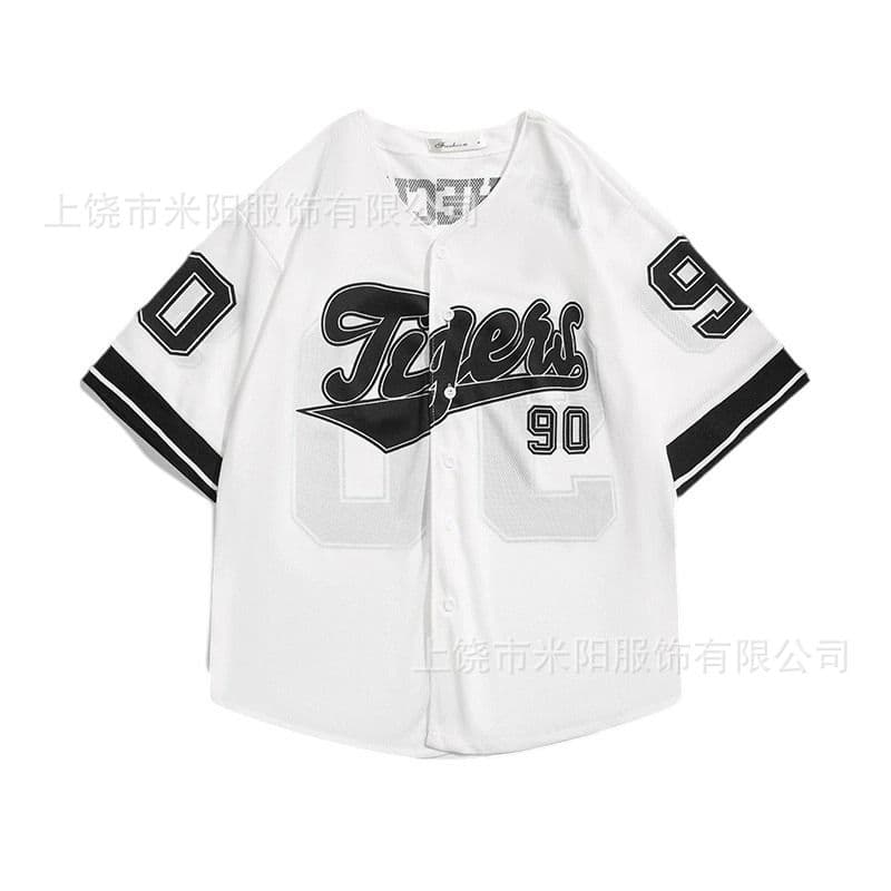 American retro Tigers No. 90 baseball uniform short-sleeved mesh breathable cardigan jersey street trendy couple tops