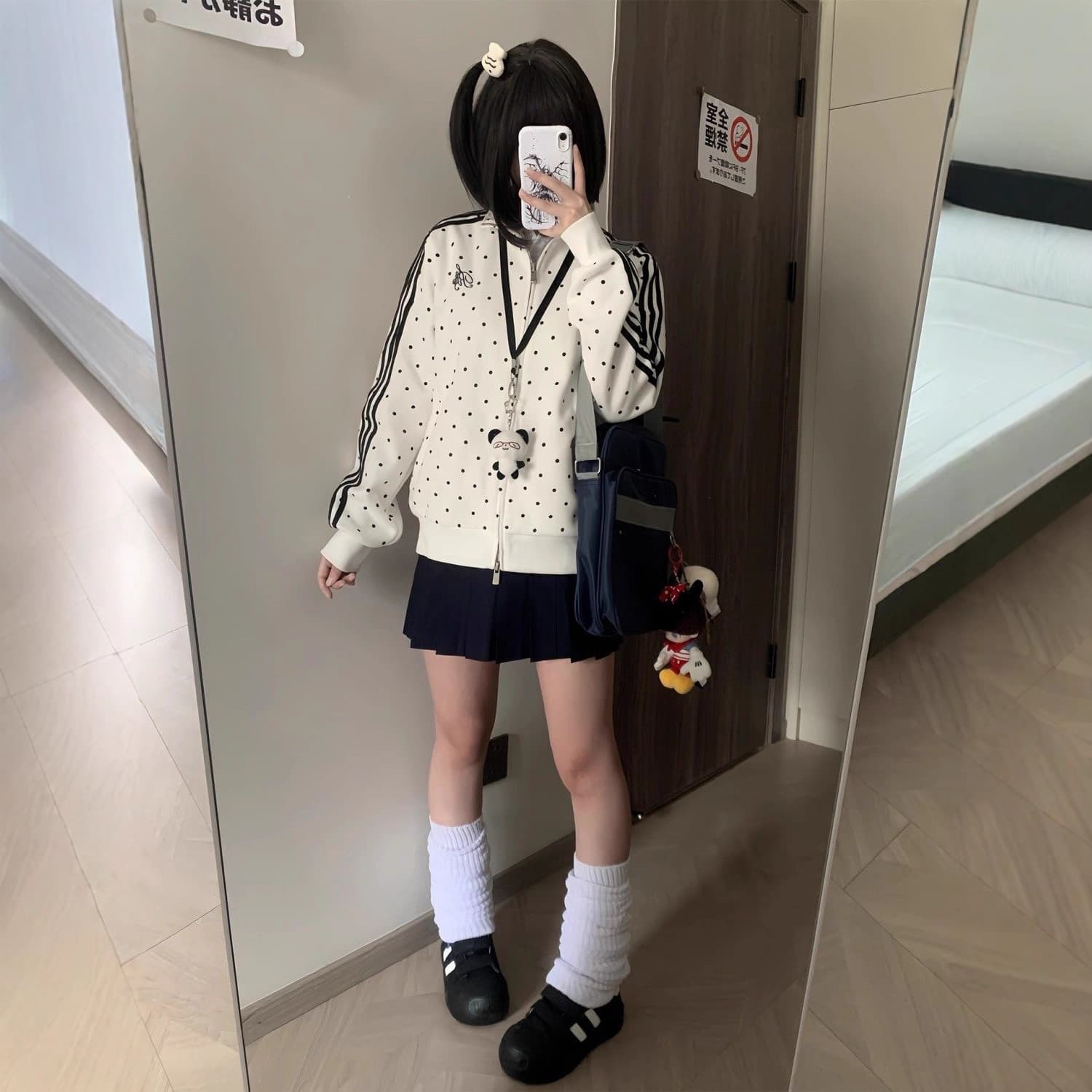 Japanese Subculture Polka Dot Gymnastics Jacket Stand Collar Sweatshirt Spring/Autumn Loose Fit Sporty Slimming Versatile Top Trendy
