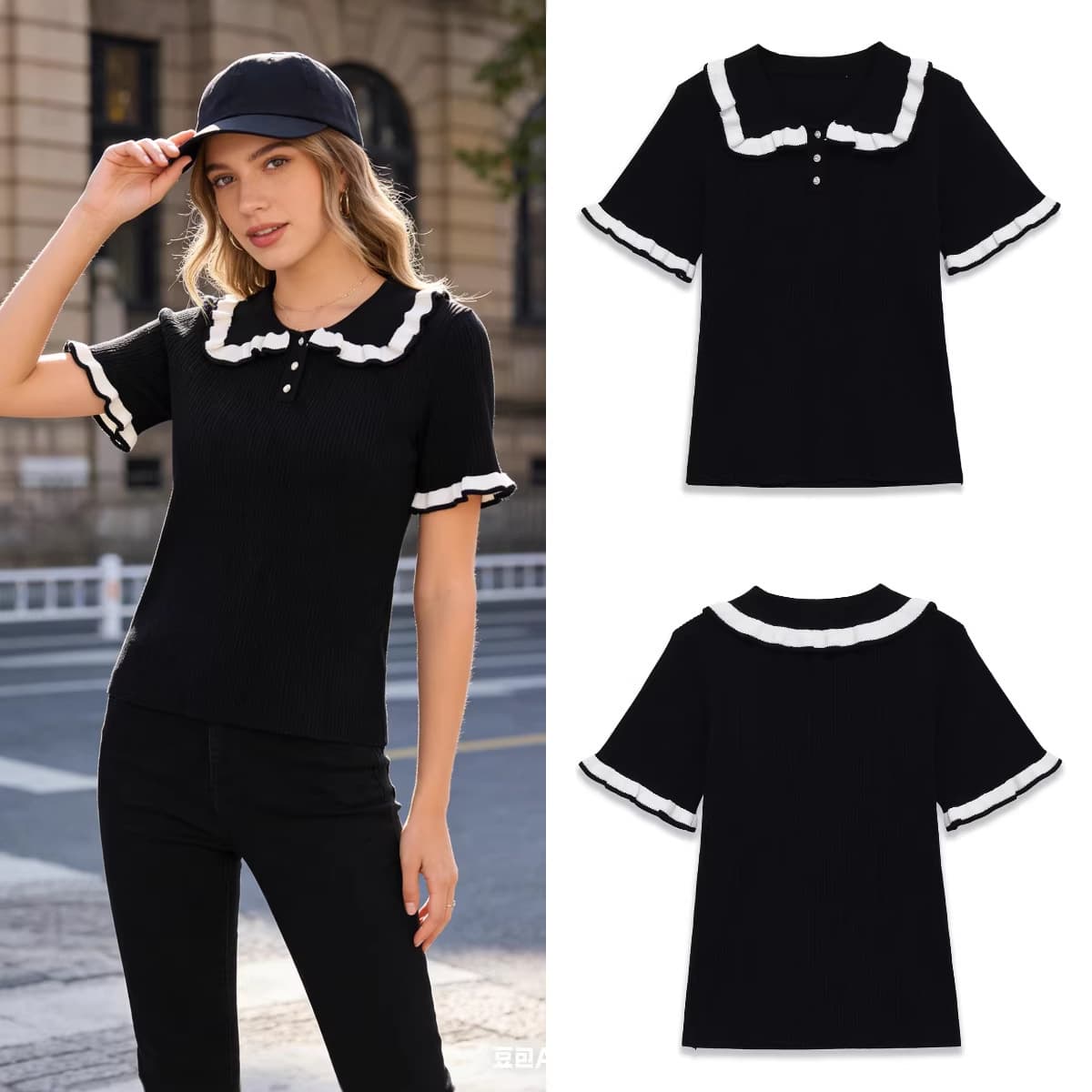 Foreign Trade Cross-border In-Stock Wholesale European and American Style Women's Summer Fashion Lace Knit Polo Collar T-Shirts
