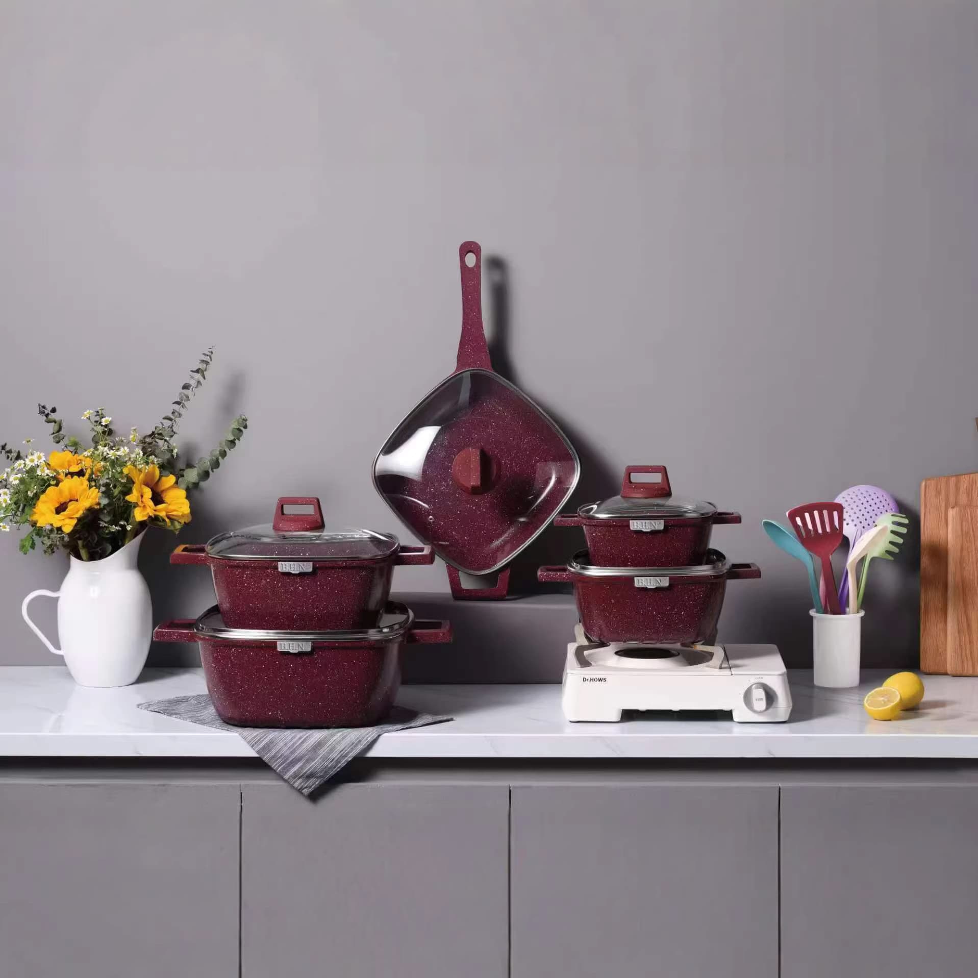 Dessini 25-Piece Non-Stick Square Pattern Cast Aluminum Pot Set with Mafan Stone Coating, Western-Style Kitchen Cookware Set with Glass Lids