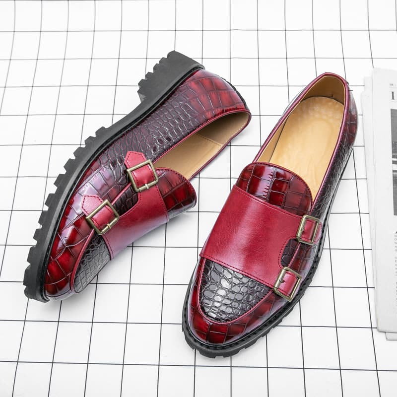 Men's Large Size Monk Shoes Casual Leather Shoes 46 Slip-Ons Double Stitched Crocodile Embossed Business Men's Leather Shoes