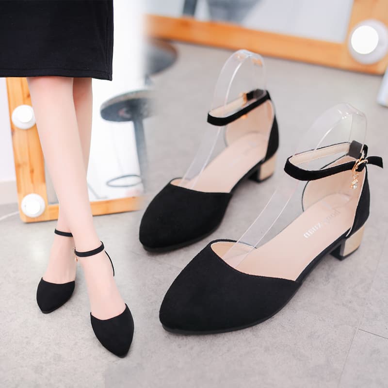 2022 Spring and Summer Shallow Mouth Hollow Women's Shoes Baotou Medium Heel Sandals Straight Buckle Strap Pointed Toe Thick Heel Women's Sandals