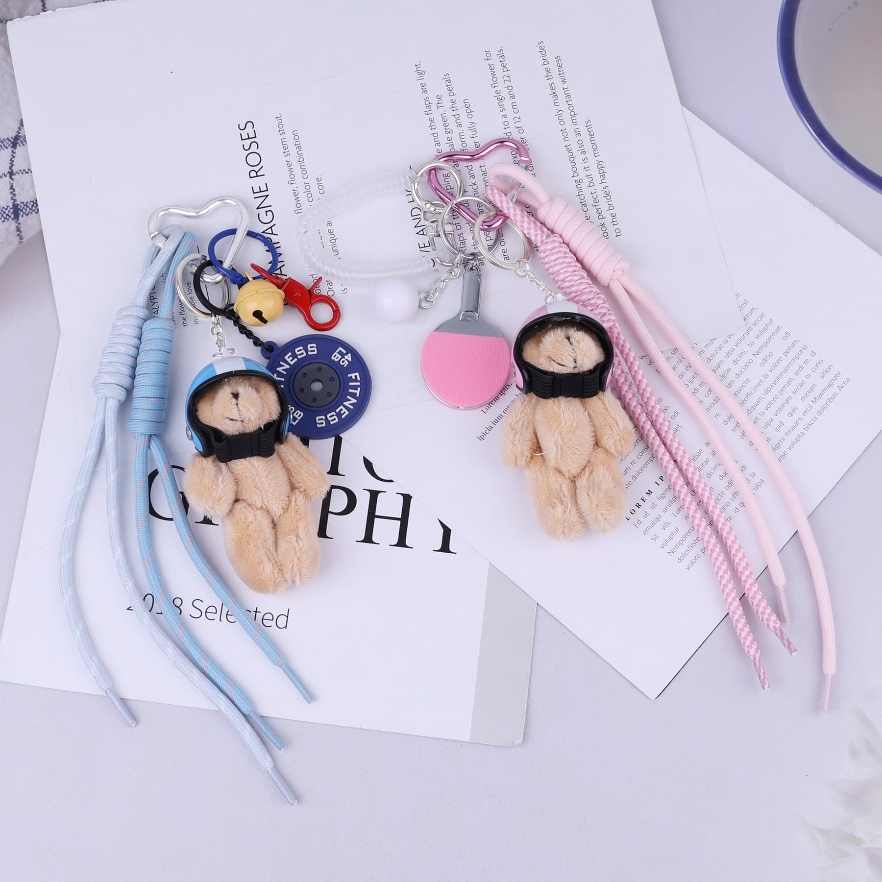 Miu-style cute bear helmet keychain, sports woven rope bag charm, fitness table tennis accessory