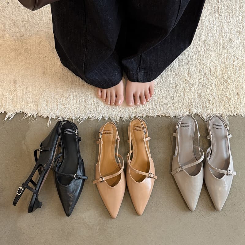 Elegant Kitten Heel Cowhide Open-Back Mary Jane Shoes 2026 Summer Slim Low Heel Pointed Toe Genuine Leather Closed-Toe Sandals for Women
