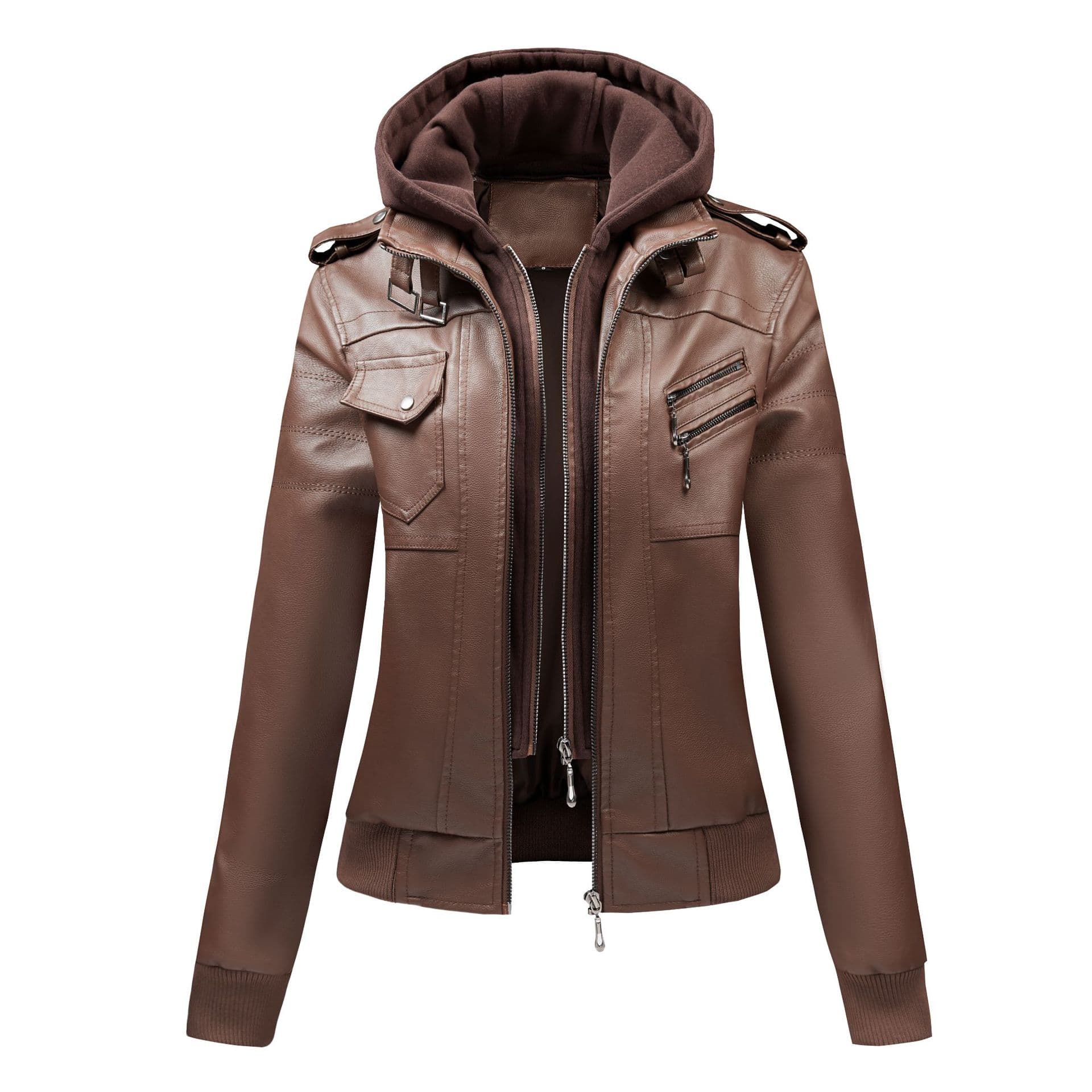 Cross-border Hooded PU Leather Jacket Women's Outerwear Fall Plus Size Faux Leather Ladies Motorcycle Jacket American Style