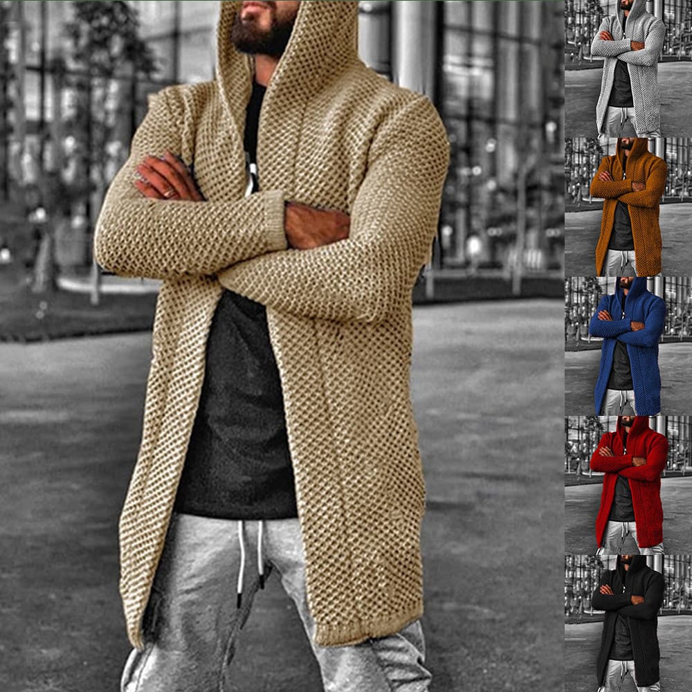 2024 Fall/Winter European and American Men's Cardigan Solid Color Hooded High-Neck Sweater Coat Amazon Cross-Border Men's Sweater