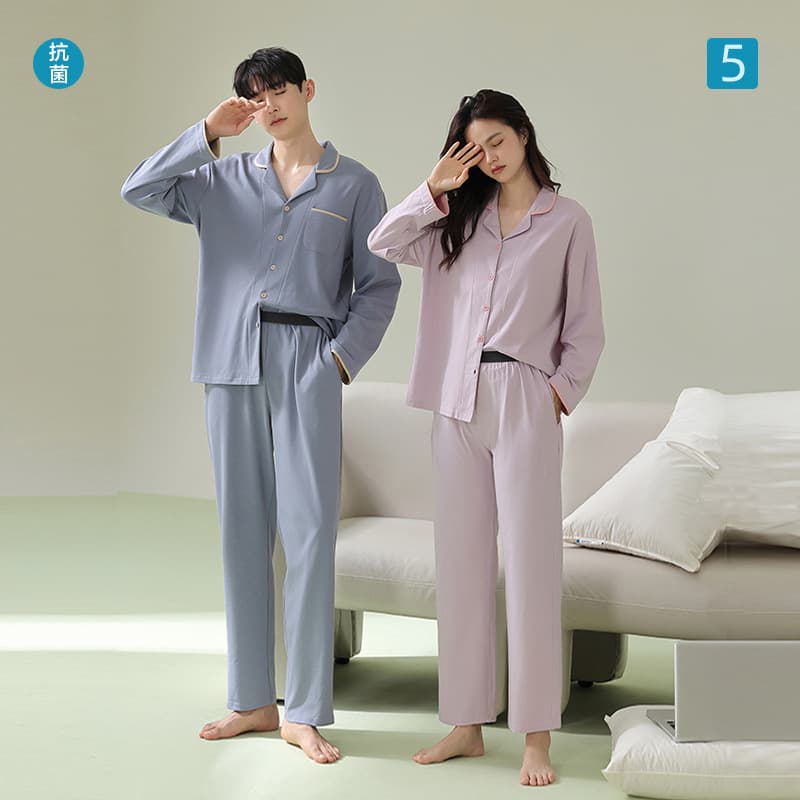 Antibacterial Cotton Sleepwear Set for Men and Women Home Comfortable Long Sleeve V-Neck Long Pants Couple Matching Spring Autumn