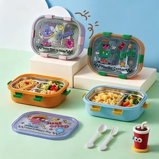 Kids Fun Robot Print Lunch Box Baby Food Container Toddler Bento Box Divided Compartments Anti-Odor Bento Box