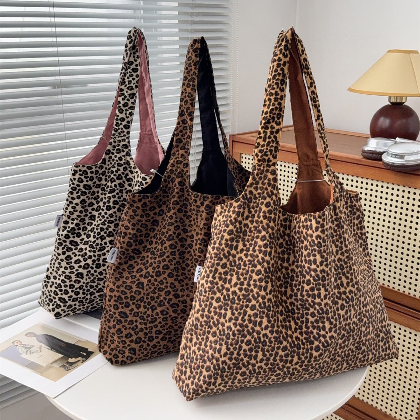 Korean Suede Leopard Print 3D Corduroy Double-sided Tote Handbag Retro Shoulder Storage Bag Cross-border Drop Shipping