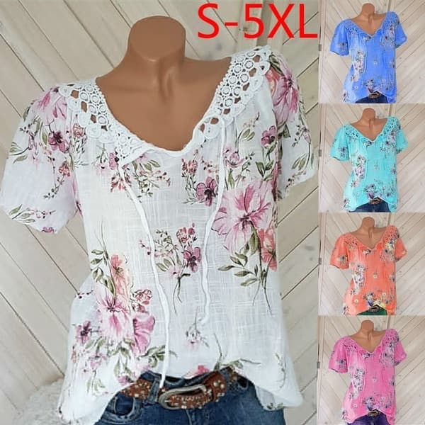 2021wish Amazon AliExpress Summer Hot Sale New Top Lace Trim V-Neck Printed Short Sleeve T-Shirt 0541