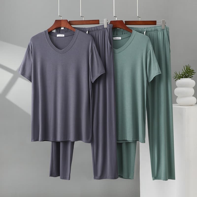 V-Neck Modal Pajama Set for Men Short Sleeve Summer T-Shirt Thin Loose Long Pants Plus Size Loungewear Suit
