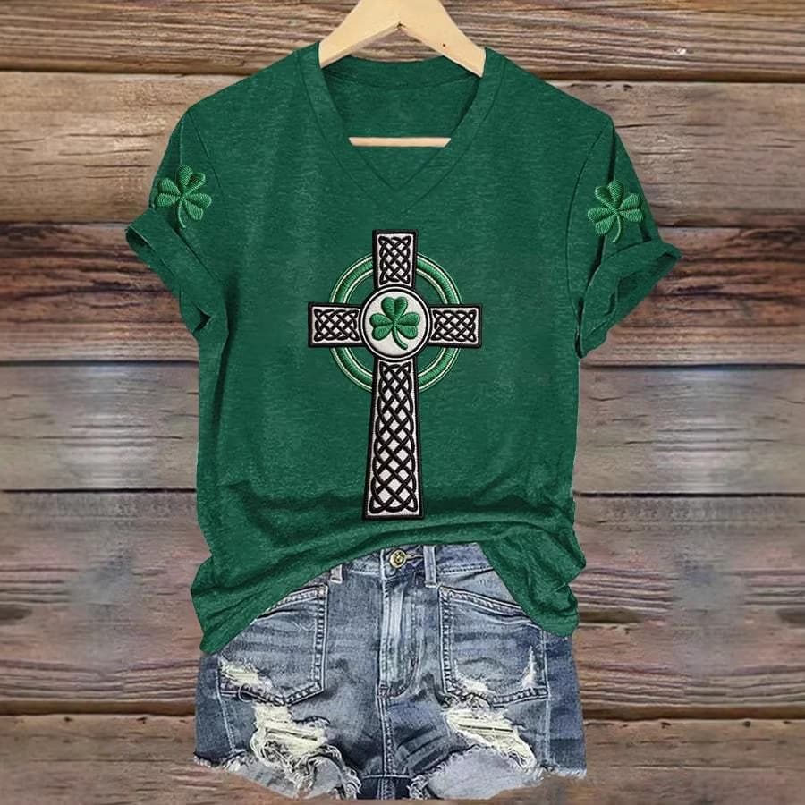 2026 New European and American Cross-Border St. Patrick's Day Clover 3D Digital Print Women's V-Neck Short-Sleeve T-Shirt Factory Wholesale