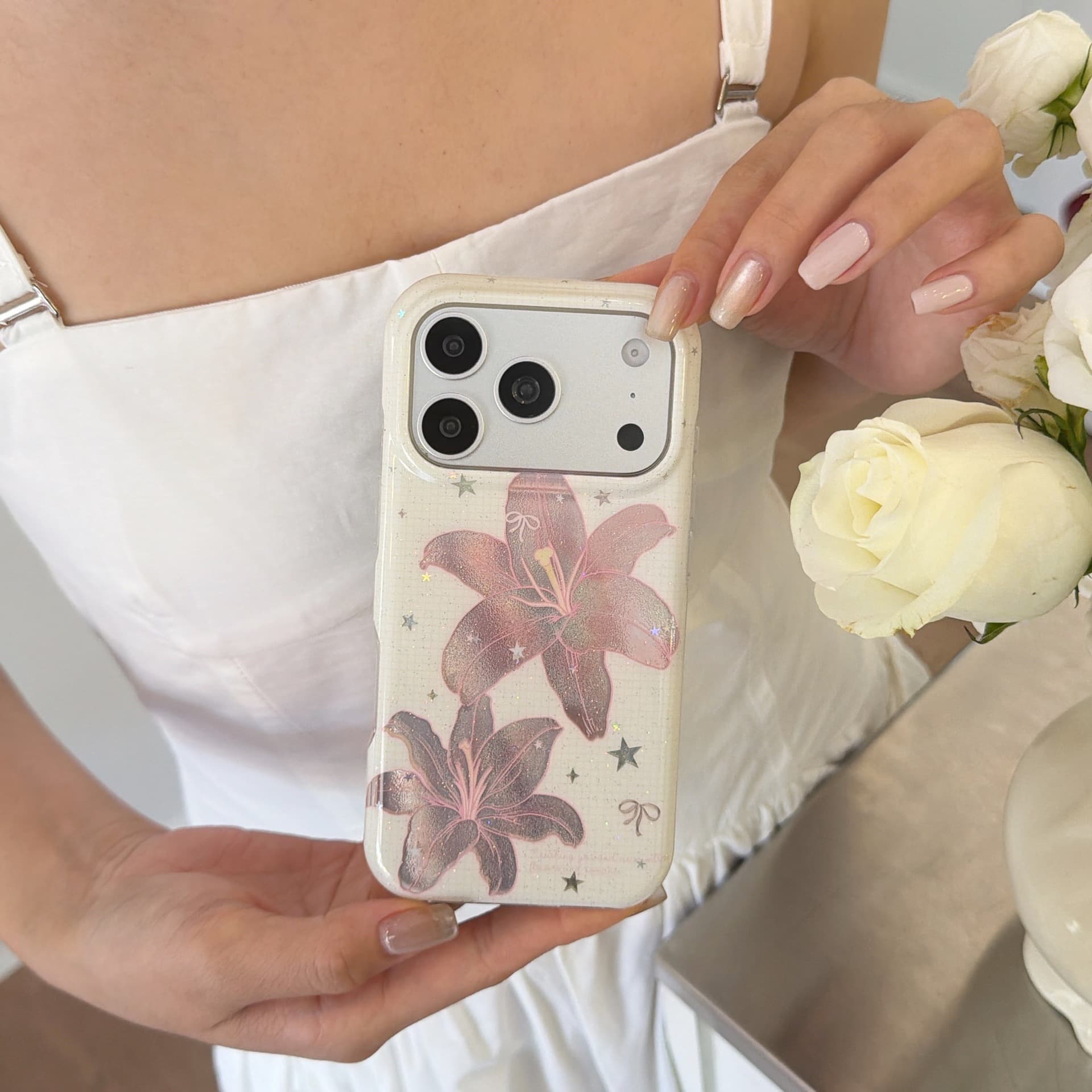 Round edge laser pink lily Apple 17Promax mobile phone case suitable for 16Promax double-layer protective cover 15Pro