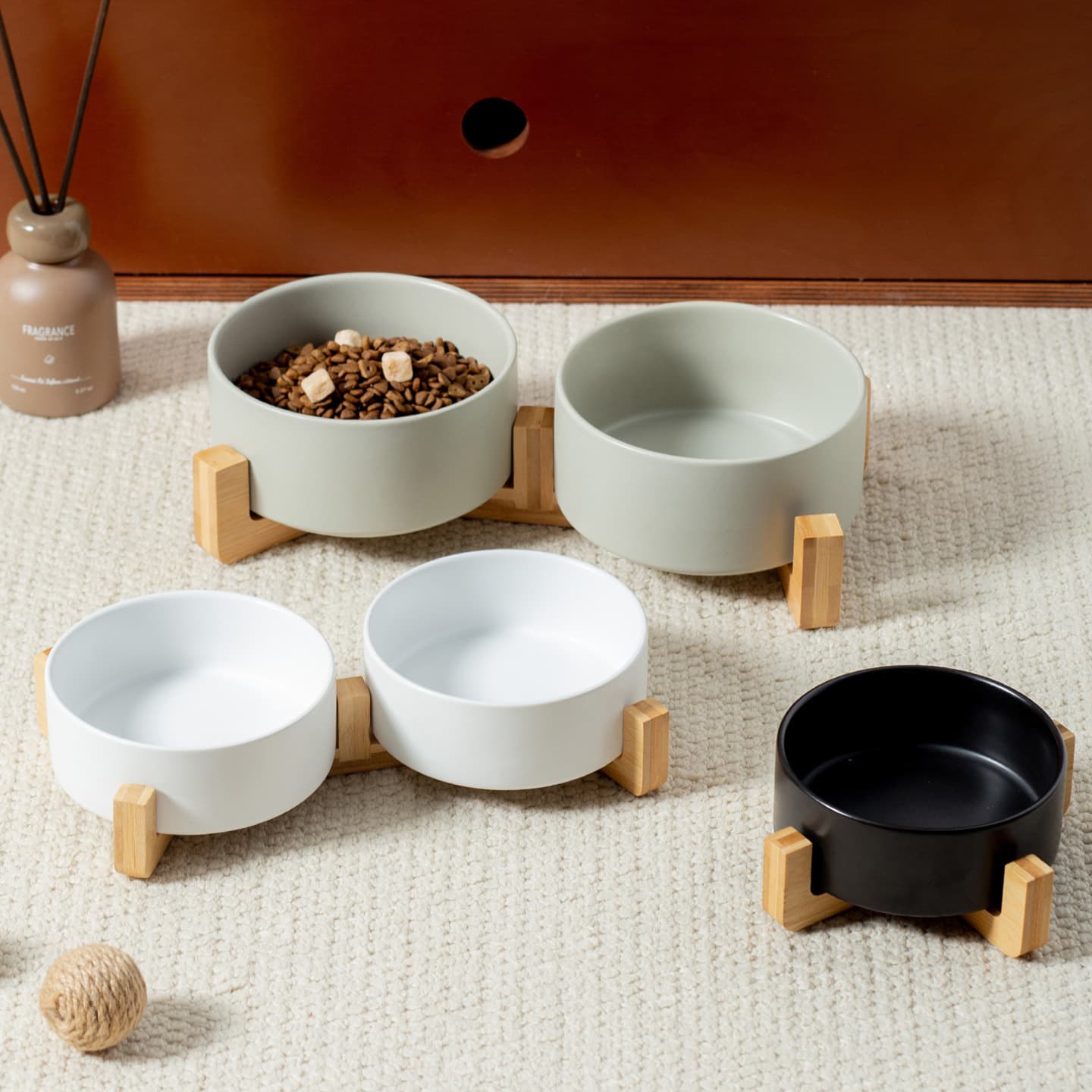 Minimalist Matte Straight Rim Bowl with Vertical and Horizontal Bamboo Stand, Household Ceramic Pet Bowl, Cat Bowl, Dog Bowl, Anti-Tip Cat Bowl