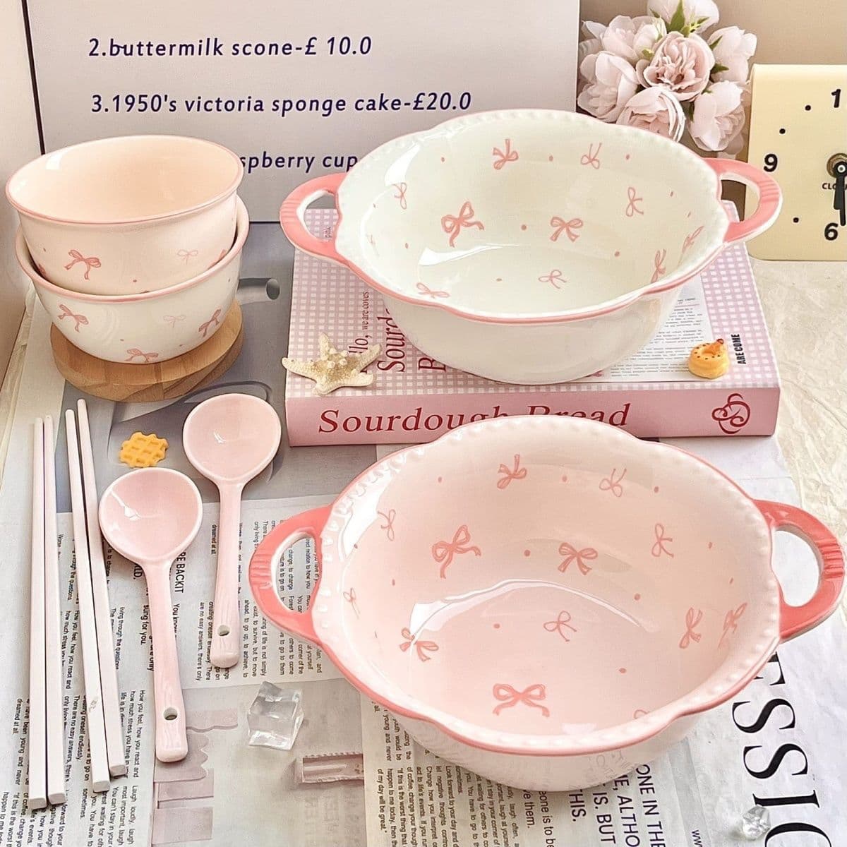 Girl's Heart Bow Double Ear Large Soup Bowl Ceramic Home Large Capacity Instant Noodle Bowl Ins Luosifen Bowl High Temperature Resistant
