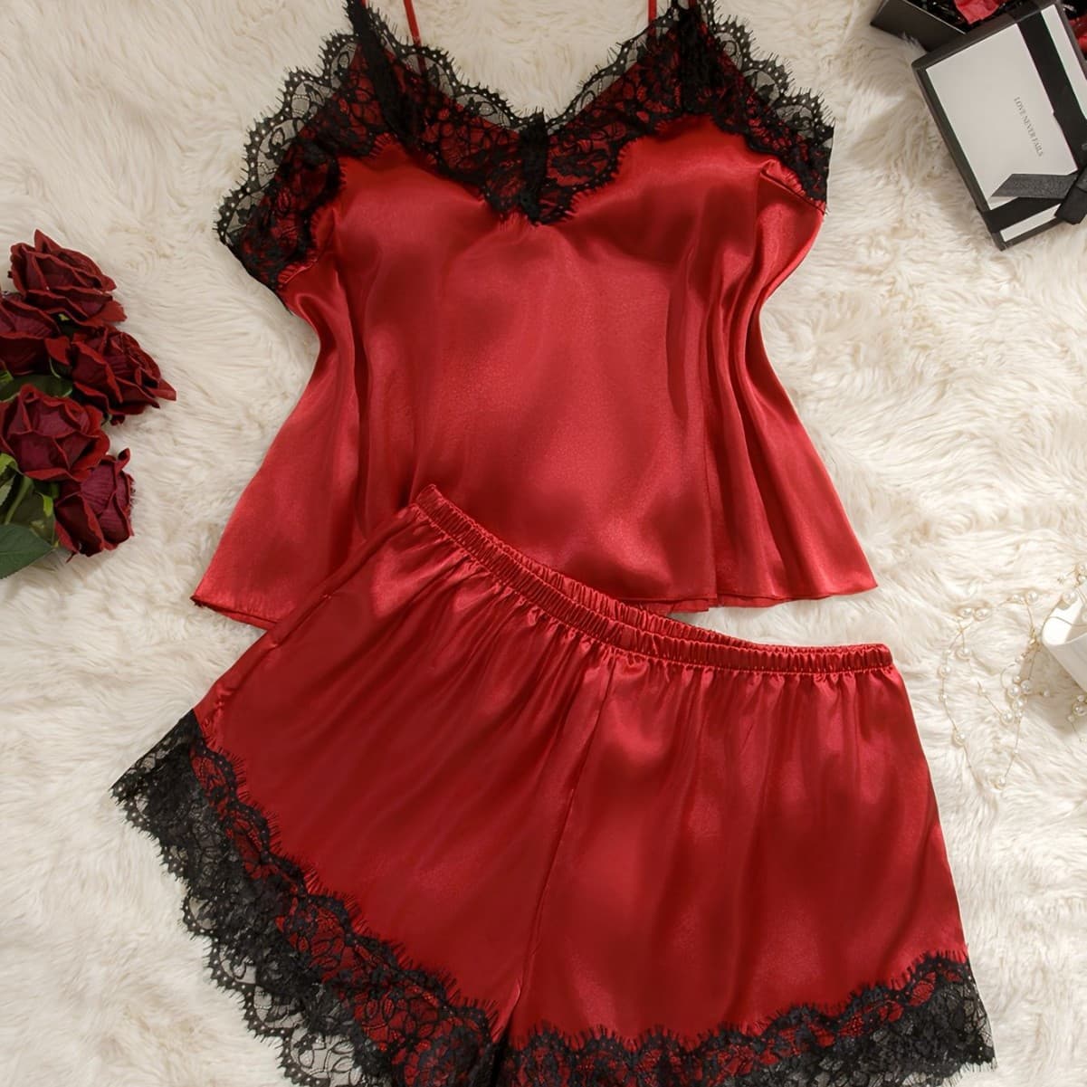 Plus Size Women's Pajama Set with Camisole and Shorts, Eyelash Lace Trim, Solid Color
