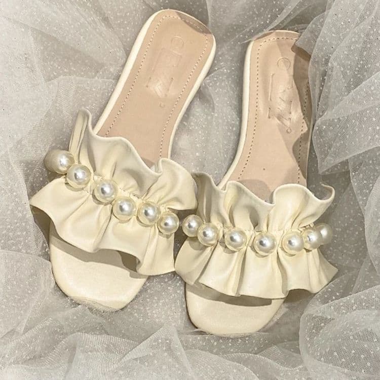 35-42 Large Size Women's Sandals Slippers Summer Fashion Outdoor 41 Fairy Style Sweet Pearl Flat One-Strap Sandals 42