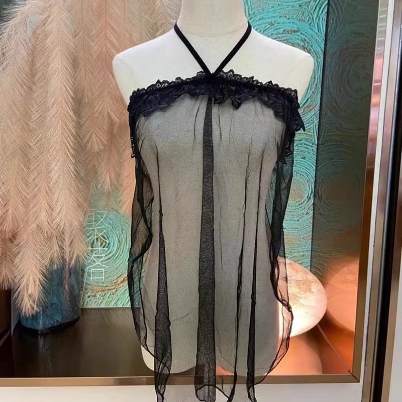 Black sexy ultra-thin transparent light and soft halter neck manufacturer direct sales women's vest tempting suspender beautiful back short nightgown