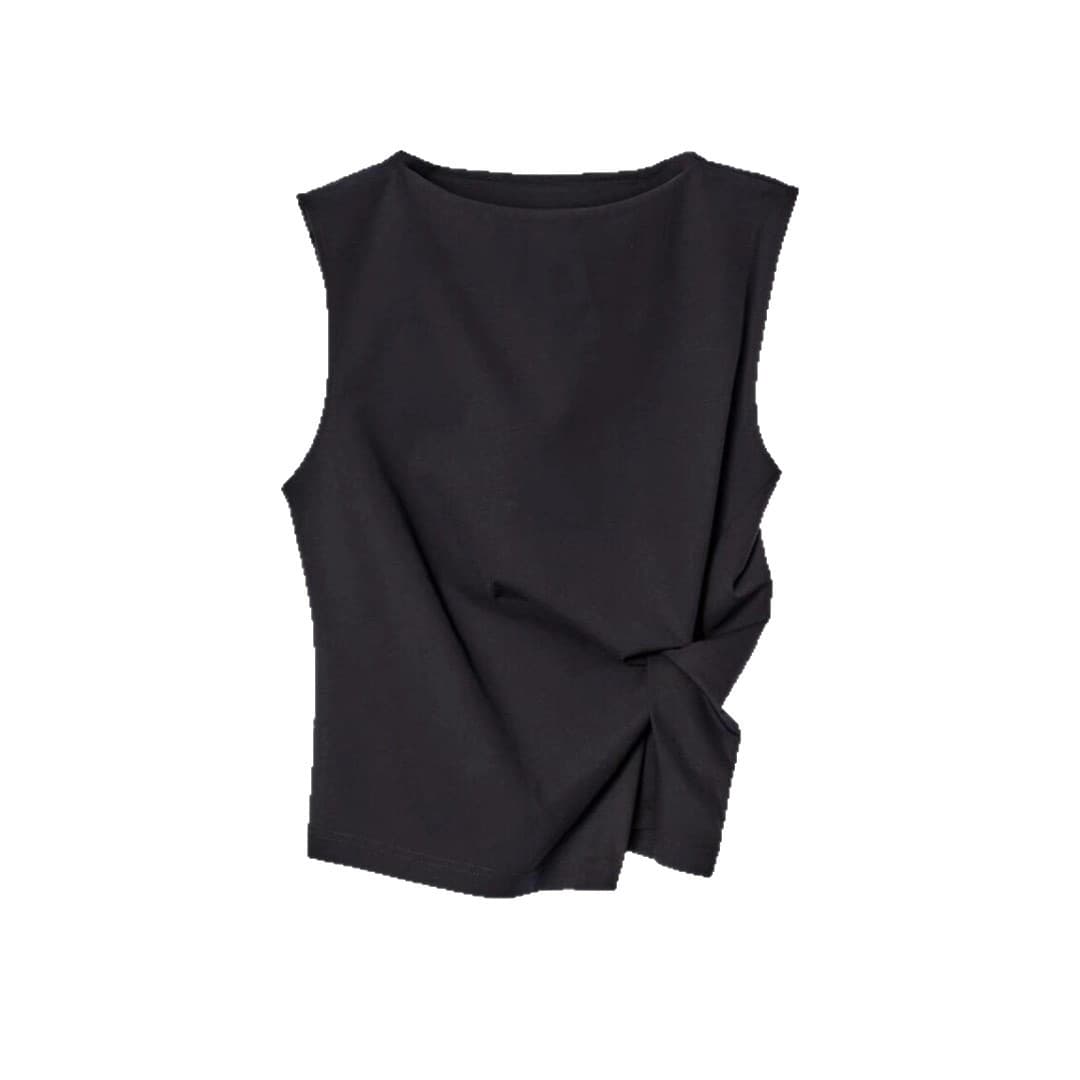 COS style women's new summer style all-match fashion slim fit boat neck pleated texture vest black top