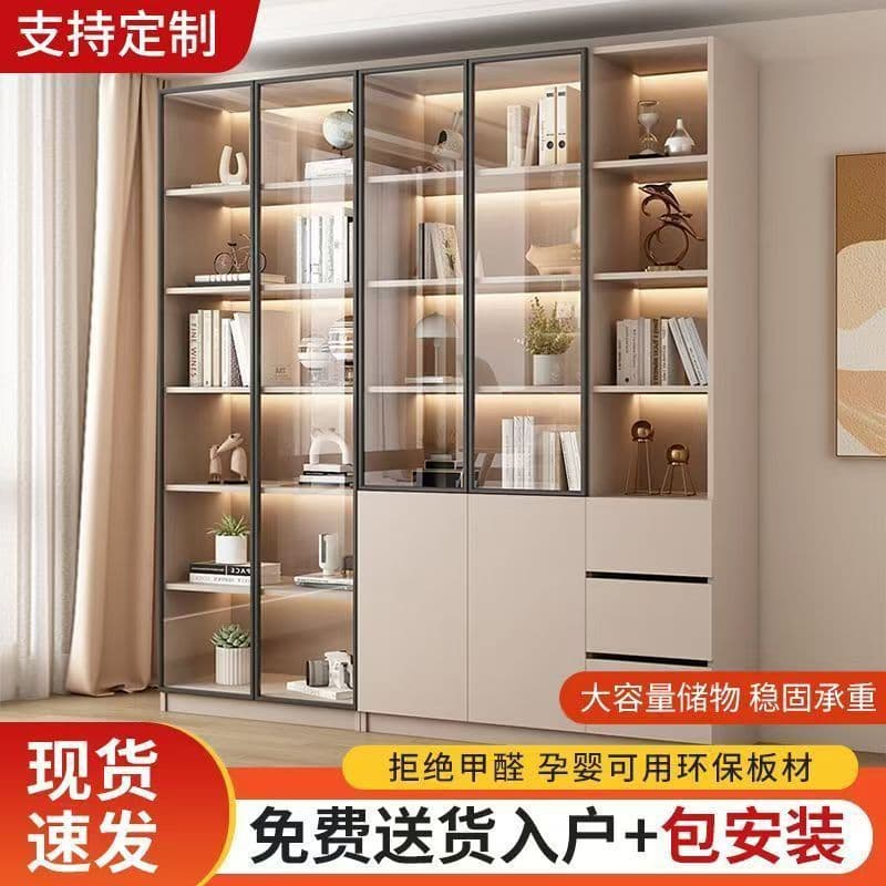 Home-use bookcase with glass doors, integrated into the living room, modern light luxury storage cabinet, wine cabinet, bookshelf, display cabinet factory.