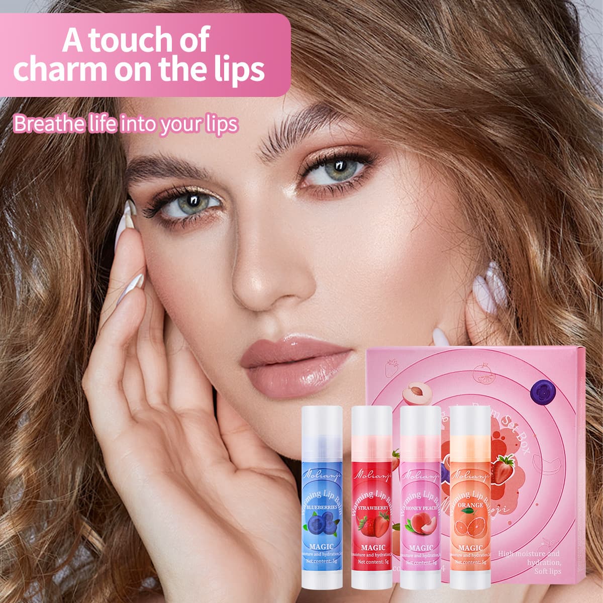 Cross-border Bestseller Fruit Color-Changing Lip Balm Set, Long-lasting Moisturizing, Anti-dryness and Anti-cracking, Reduces Lip Lines, Plumping Lip Gloss