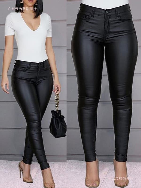 2025 Cross-border Amazon Women's Pants Solid Color PU Leather Pants Skinny Pants Casual Long Pants High Waist Slimming