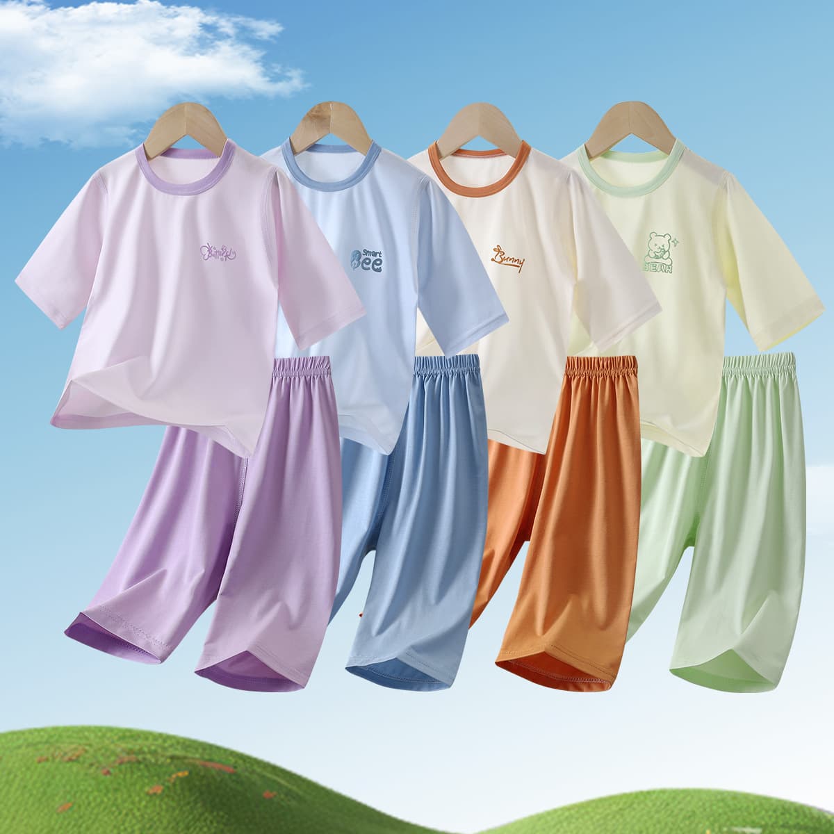 Yishimei New Tencel Lyocell Children's Boys and Girls Mint Three-Quarter Sleeve Summer Home Air Conditioning Suit Set Wholesale