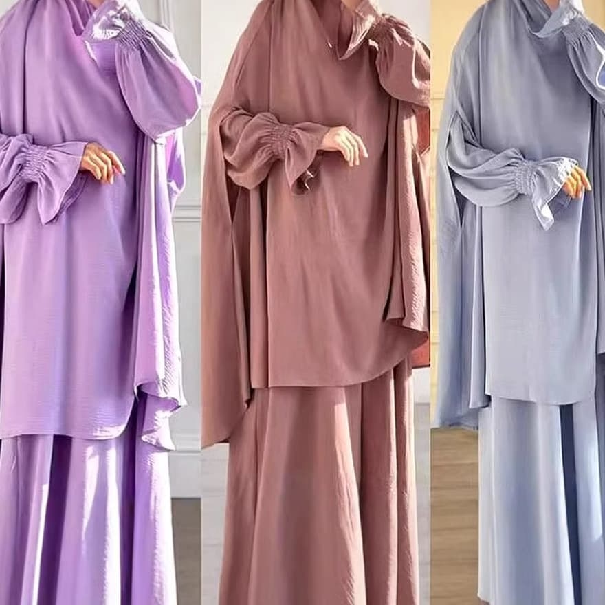 New Style Women's Long Dress Two-Piece Set with Long Headscarf, Flared Sleeves, Loose-Fitting Solid Color Dress, Cross-Border In-Stock P403