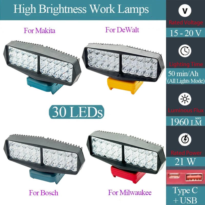 30 LED work lights with USB & Type-C output, compatible with Makita, DWYG, Bosch, and Miwoche 18V lithium batteries.