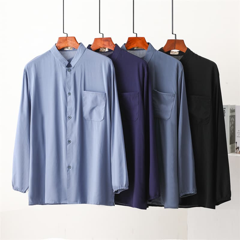 Cotton Silk Long-Sleeve Cardigan for Middle-Aged and Elderly Men, Thin Shirt, Rayon Pajamas, Plus Size Top, Men's Round Neck Homewear