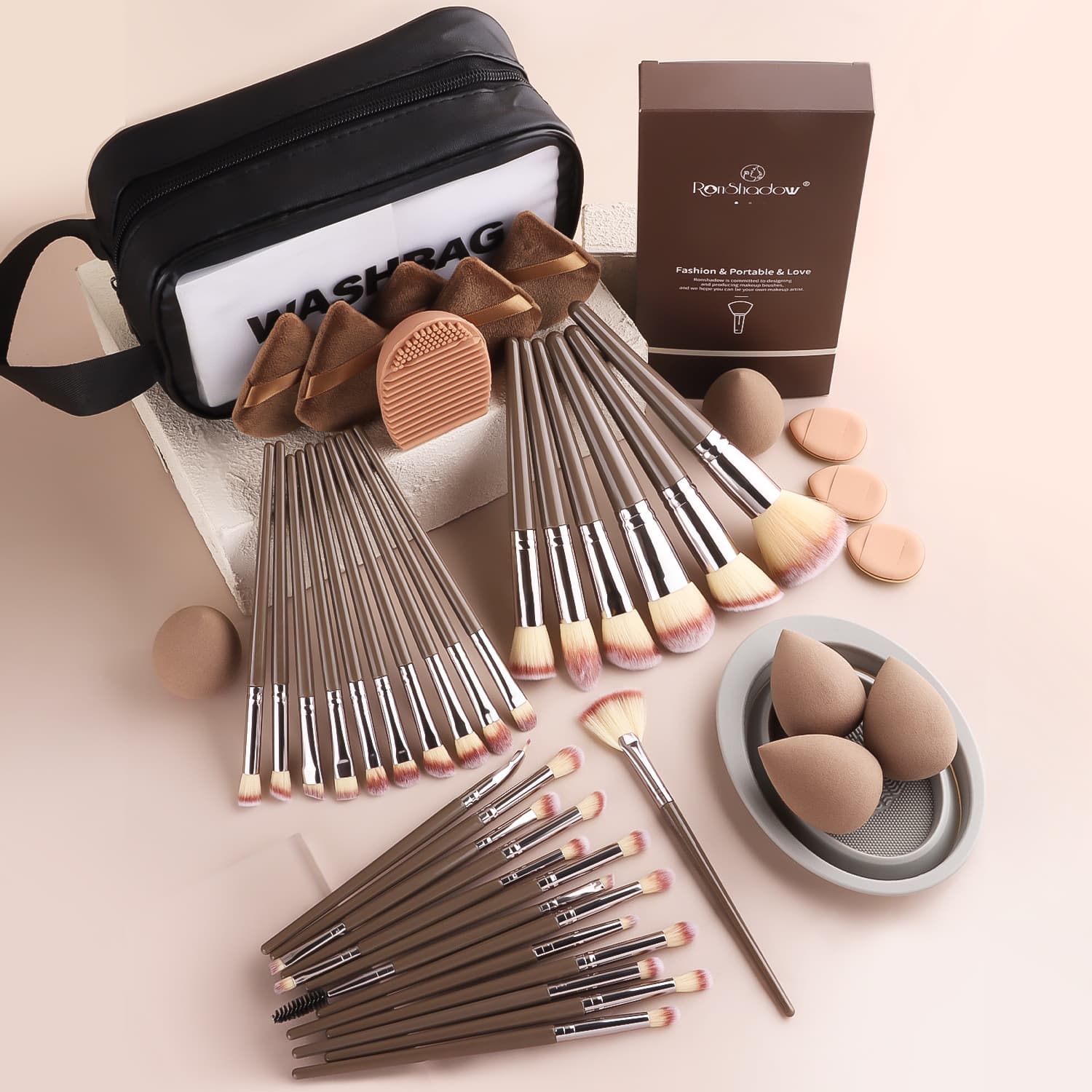 Nongying 47-Piece Makeup Set: 30-Piece Gift Box Makeup Brushes with Powder Puffs, Beauty Blenders, Brush Washer, Cosmetic Bag