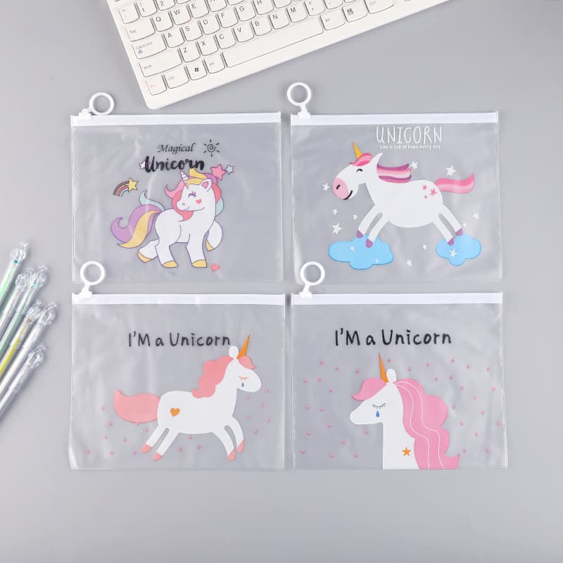 Cartoon unicorn PVC semi-transparent stationery pouch, frosted zipper bag, in stock.