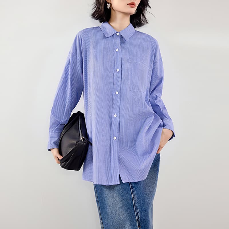 2026 Early Spring New Polo Long-Sleeve Blue Striped Shirt for Women, High-End Look, Slimming, Loose and Casual Top