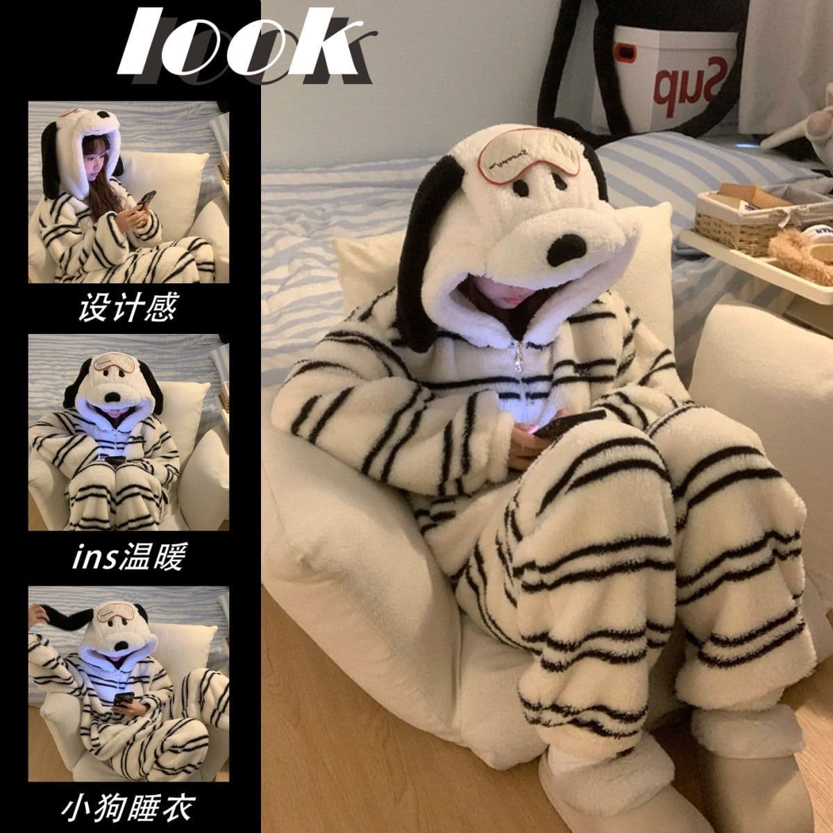 2025 New Cute Cartoon Striped Puppy Autumn Winter Coral Fleece Pajamas Women Plush Thickened Homewear Set