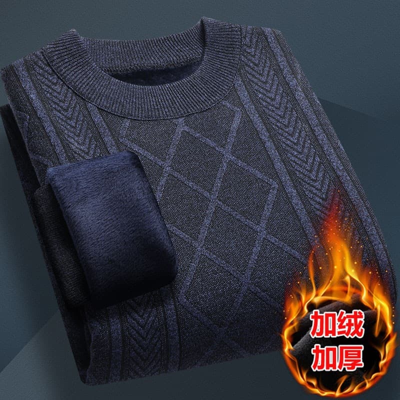 Men's Autumn/Winter Fleece-Lined Thick Base Layer Sweater, Long-Sleeved Knitwear for Middle-Aged and Elderly, Warm Top for Fathers