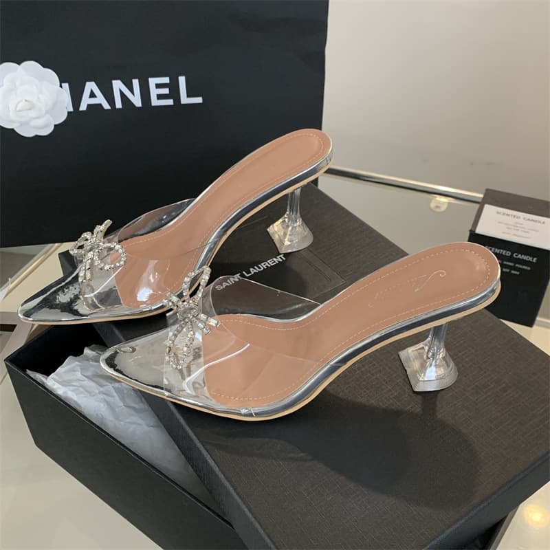 2026 New Fashion Transparent Film Bow Rhinestone High Heel Sandals Pointed Toe Mule Heeled Slippers for Women
