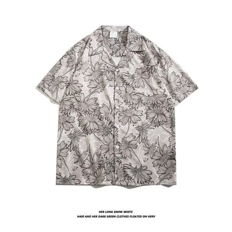 Cuban Collar Retro Short Sleeve Floral Shirt for Men and Women, Loose Hawaiian Style Vacation Beach Casual Shirt