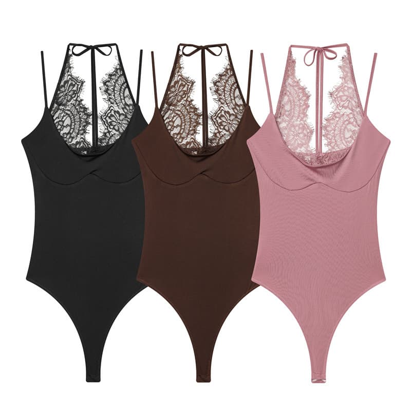 Cross-border Women's Clothing Wholesale 2026 New Simple Lace Patchwork Halter Neck Bodysuit Top 00085310
