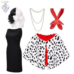 Christmas Halloween Black and White Cruella Cos Cape Cloak Dalmatian Cape Wig Gloves Necklace