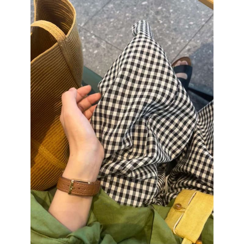 Plaid Wide Leg Pants Cotton Linen Women Black White Check Loose Slimming Casual Pants Office Korean Style - Black White Check