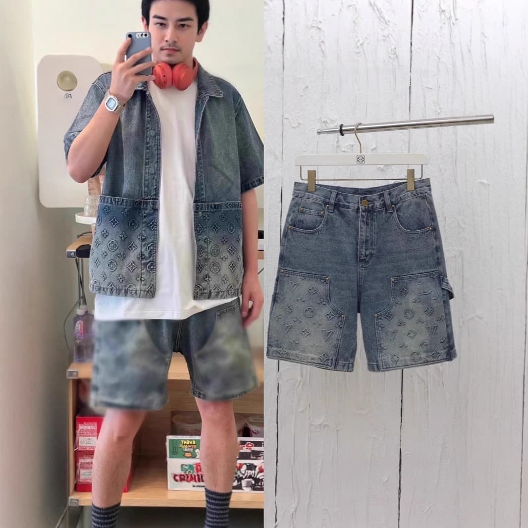 Correct version 25SS trendy new Louis Vuitton classic workwear jeans, unisex celebrity style, simple shorts.