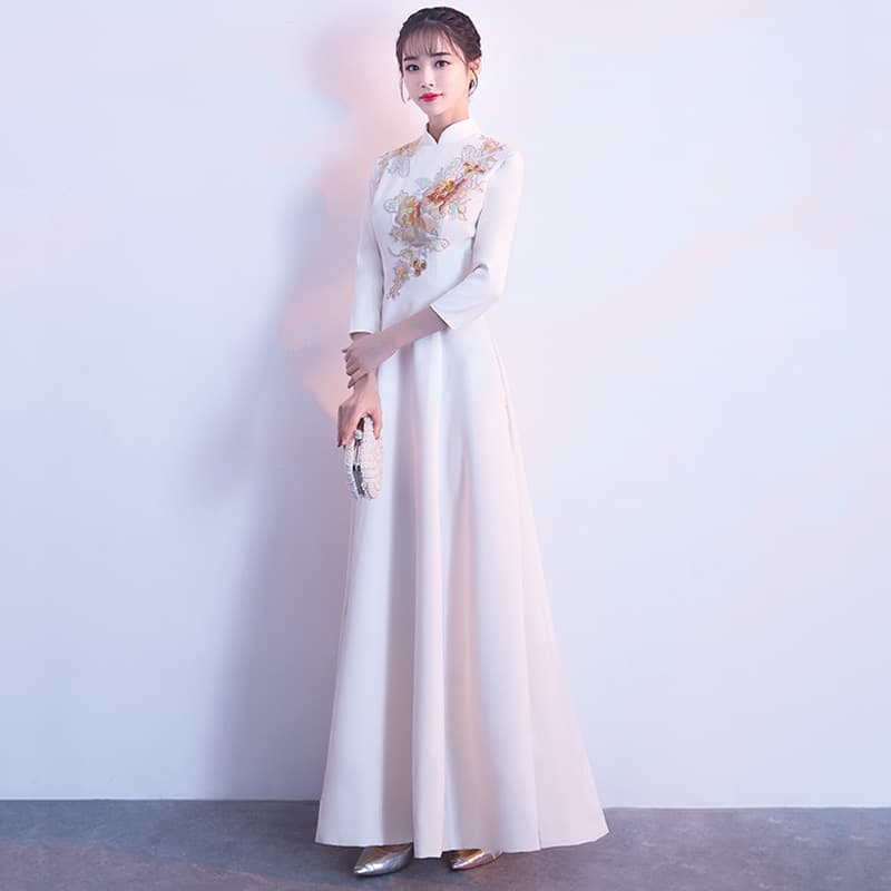 2025 New Summer Long Bridesmaid Dress, Chinese-style Modified Cheongsam, Long-sleeve Evening Gown for Banquet