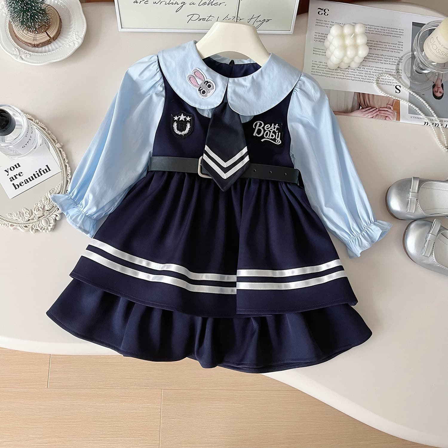 Girls' Dress 2024 Autumn New Korean Style School Look Faux Two-Piece Long Sleeve Dress Cute Princess Dress