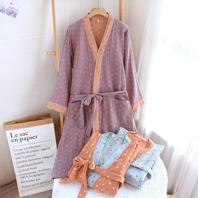 Spring/Summer Lightweight Yarn-Dyed Cotton Jacquard Bathrobe, Pure Cotton Gauze Bathrobe, Homewear Nightgown, Quick-Dry Absorbent Robe