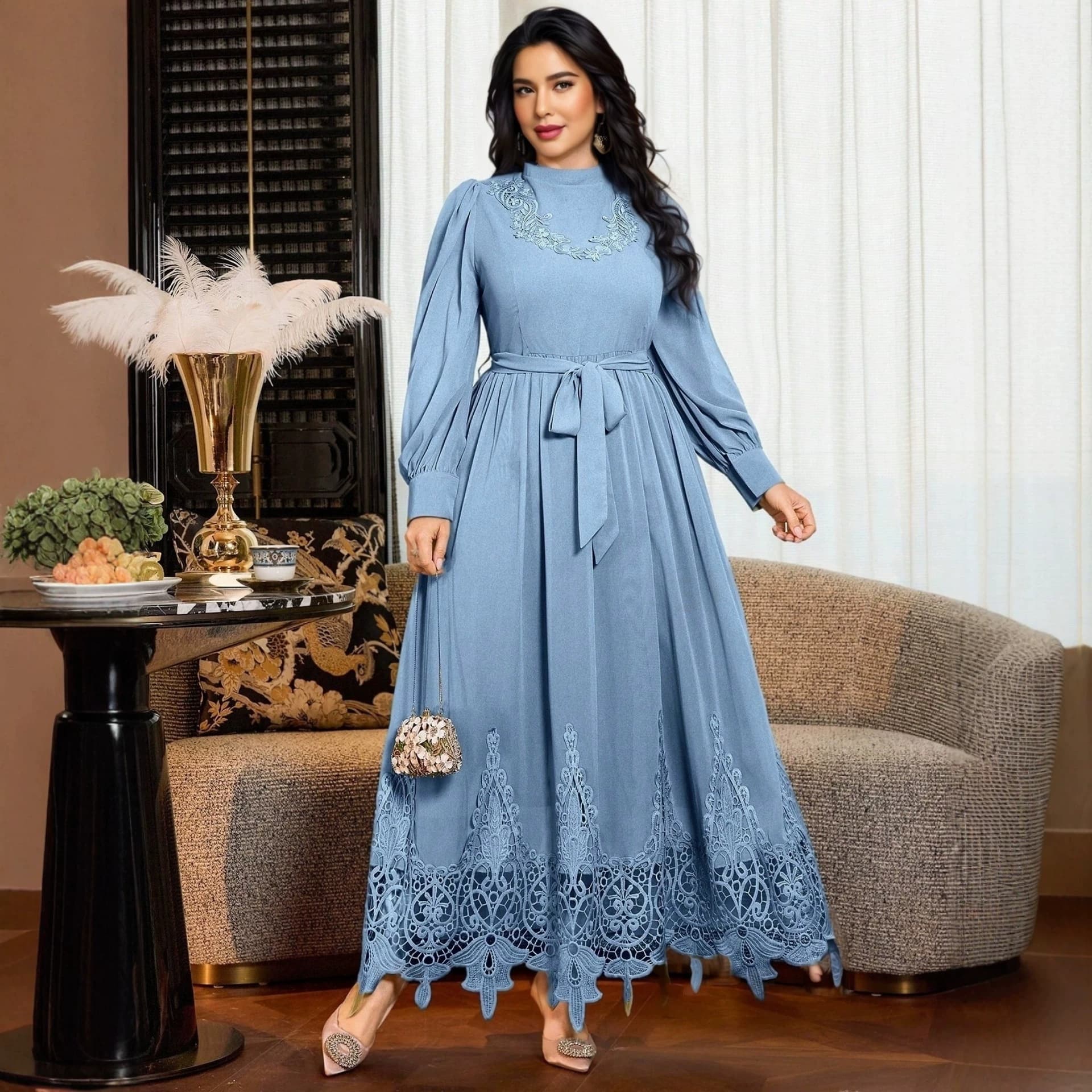 Cross-border Plus Size Women's New Long Dress Lace Embroidery Waist-tie Long Dress